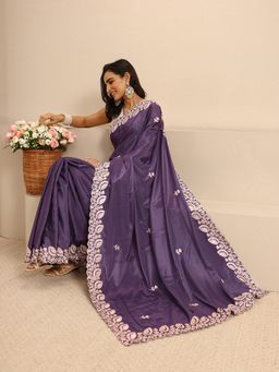 Libas - Purple Silk Blend Embroidered Saree with Unstitched