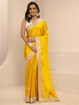 Libas - Yellow Silk Blend Embroidered Saree with Unstitched