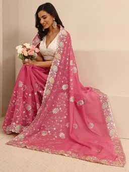 Libas - Pink Silk Blend Embroidered Saree with Unstitched