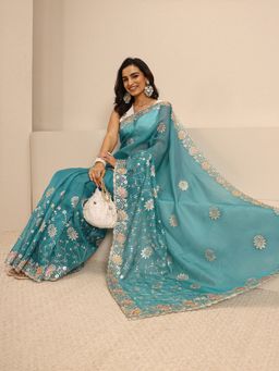 Libas - Blue Silk Blend Embroidered Saree with Unstitched