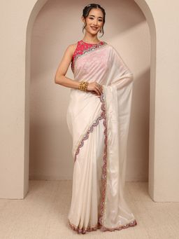 Libas - Cream Tissue Solid/Plain Saree with Unstitched