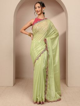 Libas - Green Tissue Solid/Plain Saree with Unstitched