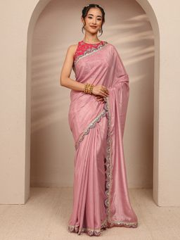 Libas - Pink Tissue Solid/Plain Saree with Unstitched