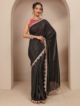 Libas - Black Tissue Solid/Plain Saree with Unstitched