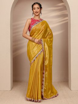 Libas - Mustard Tissue Solid/Plain Saree with Unstitched