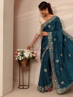 Libas - Teal Satin Embroidered Saree with Unstitched