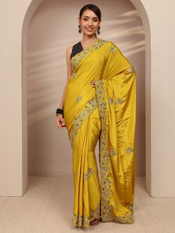 Libas - Mustard Satin Embroidered Saree with Unstitched