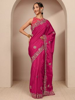 Libas - Pink Satin Embroidered Saree with Unstitched