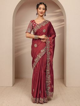 Libas - Maroon Satin Embroidered Saree with Unstitched