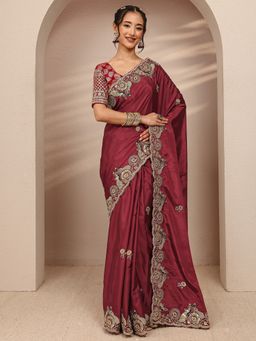 Libas - Maroon Satin Embroidered Saree with Unstitched