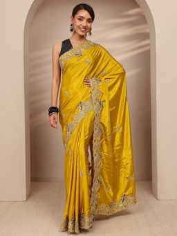 Libas - Mustard Satin Embroidered Saree with Unstitched