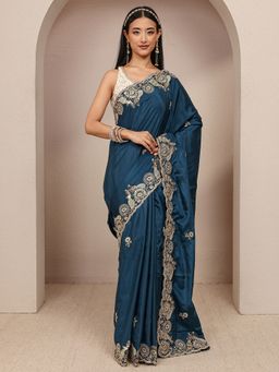 Libas - Teal Satin Embroidered Saree with Unstitched