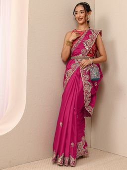 Libas - Pink Satin Embroidered Saree with Unstitched