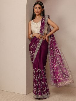 Libas - Burgundy Chiffon Embroidered Saree with Unstitched