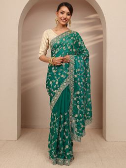 Libas - Green Chiffon Embroidered Saree with Unstitched