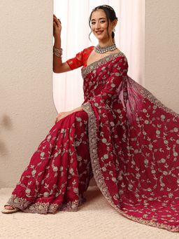 Libas - Red Chiffon Embroidered Saree with Unstitched