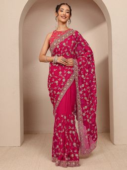 Libas - Pink Chiffon Embroidered Saree with Unstitched
