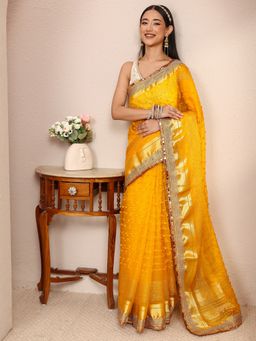 Libas - Mustard Silk Blend Embellished Saree with Unstitched
