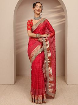 Libas - Red Silk Blend Embellished Saree with Unstitched