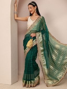 Libas - Green Silk Blend Embellished Saree with Unstitched