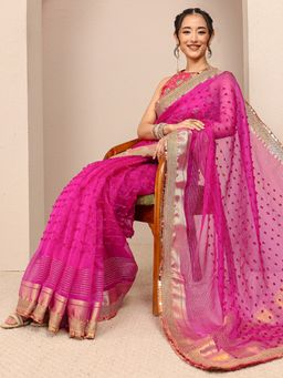 Libas - Pink Silk Blend Embellished Saree with Unstitched