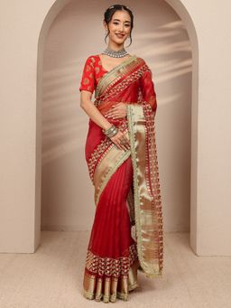 Libas - Red Silk Blend Embellished Saree with Unstitched