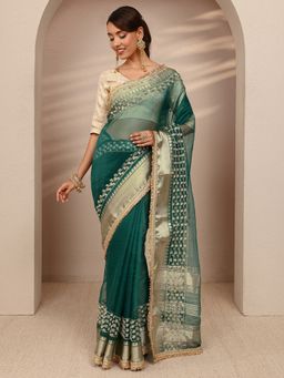 Libas - Green Silk Blend Embellished Saree with Unstitched