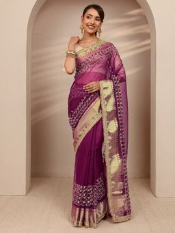 Libas - Burgundy Silk Blend Embellished Saree with Unstitched
