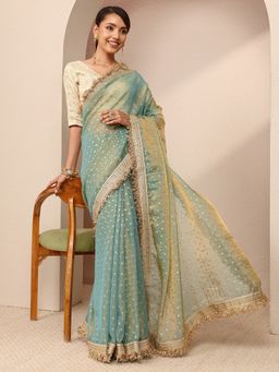 Libas - Green Tissue Embellished Saree with Unstitched