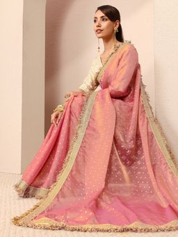 Libas - Pink Tissue Embellished Saree with Unstitched