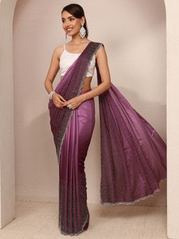 Libas - Mauve Satin Embellished Saree with Unstitched