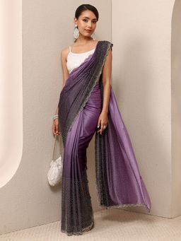 Libas - Purple Satin Embellished Saree with Unstitched