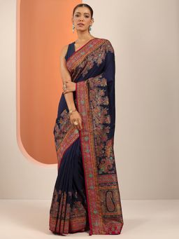 Libas - Blue Silk Blend Printed Saree with Unstitched