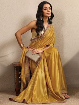 Libas - Gold Silk Blend Embellished Saree with Unstitched