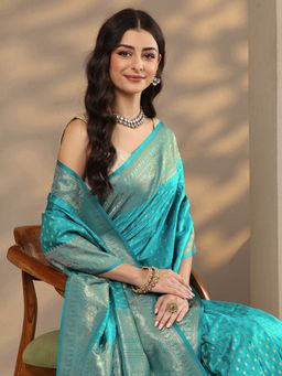 Libas - Turquoise Silk Blend Handloom Saree with Unstitched