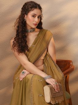 Libas - Olive Silk Blend Embellished Saree with Unstitched
