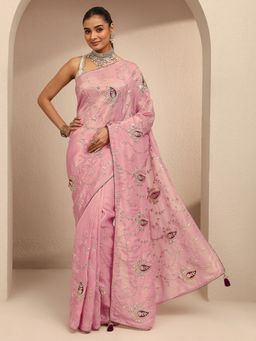 Libas - Pink Silk Blend Embroidered Saree with Unstitched