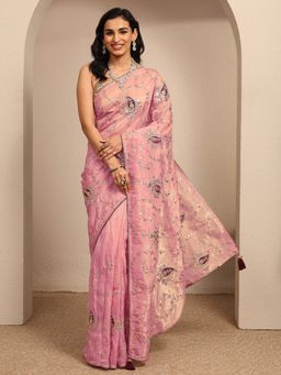 Libas - Pink Silk Blend Embellished Saree with Unstitched