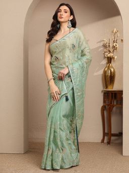 Libas - Green Silk Blend Embellished Saree with Unstitched