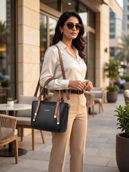 YELONA - Women Black And Brown Textured Handheld Bag With Detachable Shoulder Strap