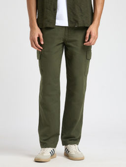 Selected - Men Cotton Solid Straight Regular Fit Green Cargos