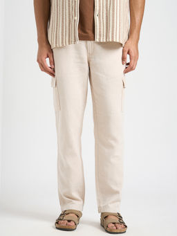 Selected - Men Cotton Textured Straight Regular Fit Beige Cargos