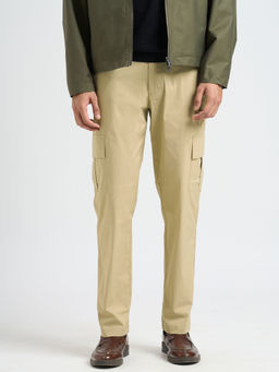 Selected - Cotton Solid Straight Regular Fit Beige Cargos