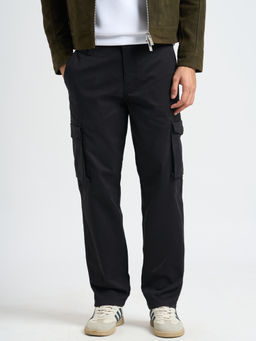 Selected - Cotton Solid Straight Regular Fit Black Cargos