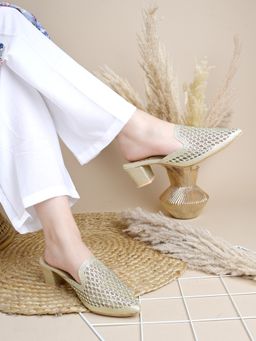 Shoetopia - Embellished Golden Heeled Mules for Women