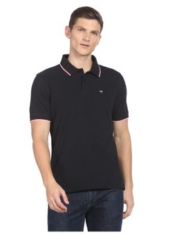 Arrow - Sports Men Black Striped Collar Pique Cotton Solid Polo T-Shirt