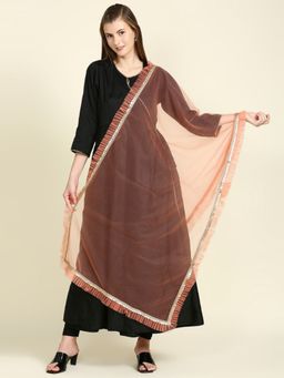 Dupatta Bazaar - Womens Peach Net Dupatta with Ruffle and Gold Lace