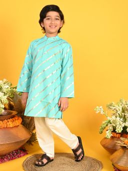 SAKA DESIGNS - Boys Gold Stripe Printed Teal Kurta with Pyjama (Set of 2)