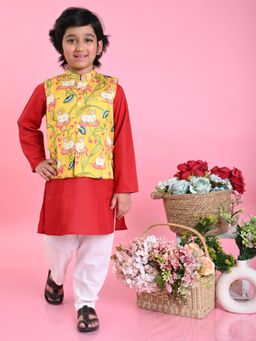 SAKA DESIGNS - Boys Red Kurta with Printed Jacket and Pyjama (Set of 3)