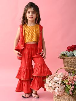 SAKA DESIGNS - Floral Printed Kurta Sharara with Jacket Yellow and Red (Set of 3)